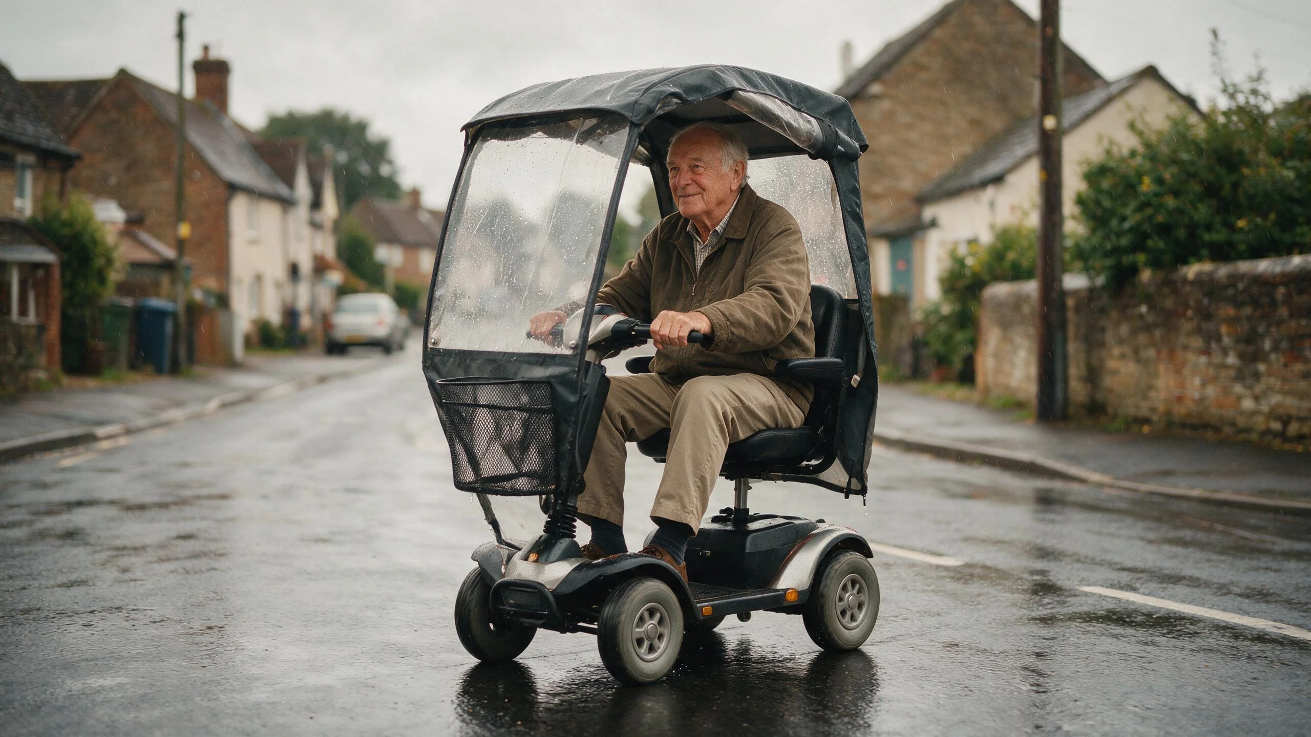 Älterer Mann fährt bei leichtem Regen mit seinem Elektromobil unter einem festen Wetterdach durch eine nasse Dorfstraße