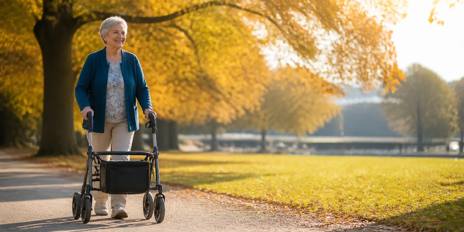 Seniorin geht mit einem Leichtgewichtrollator durch einen Park