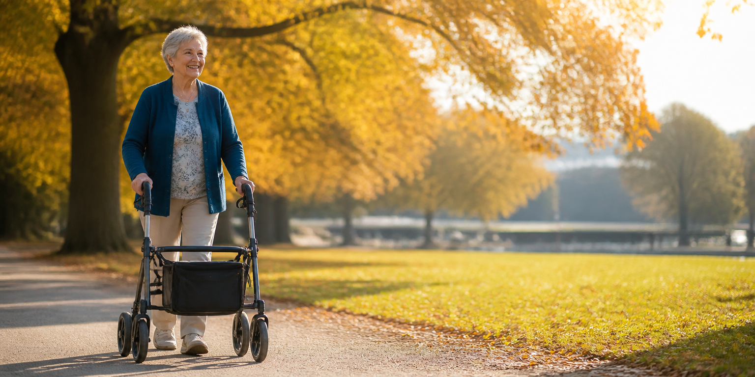 Seniorin geht mit einem Leichtgewichtrollator durch einen Park