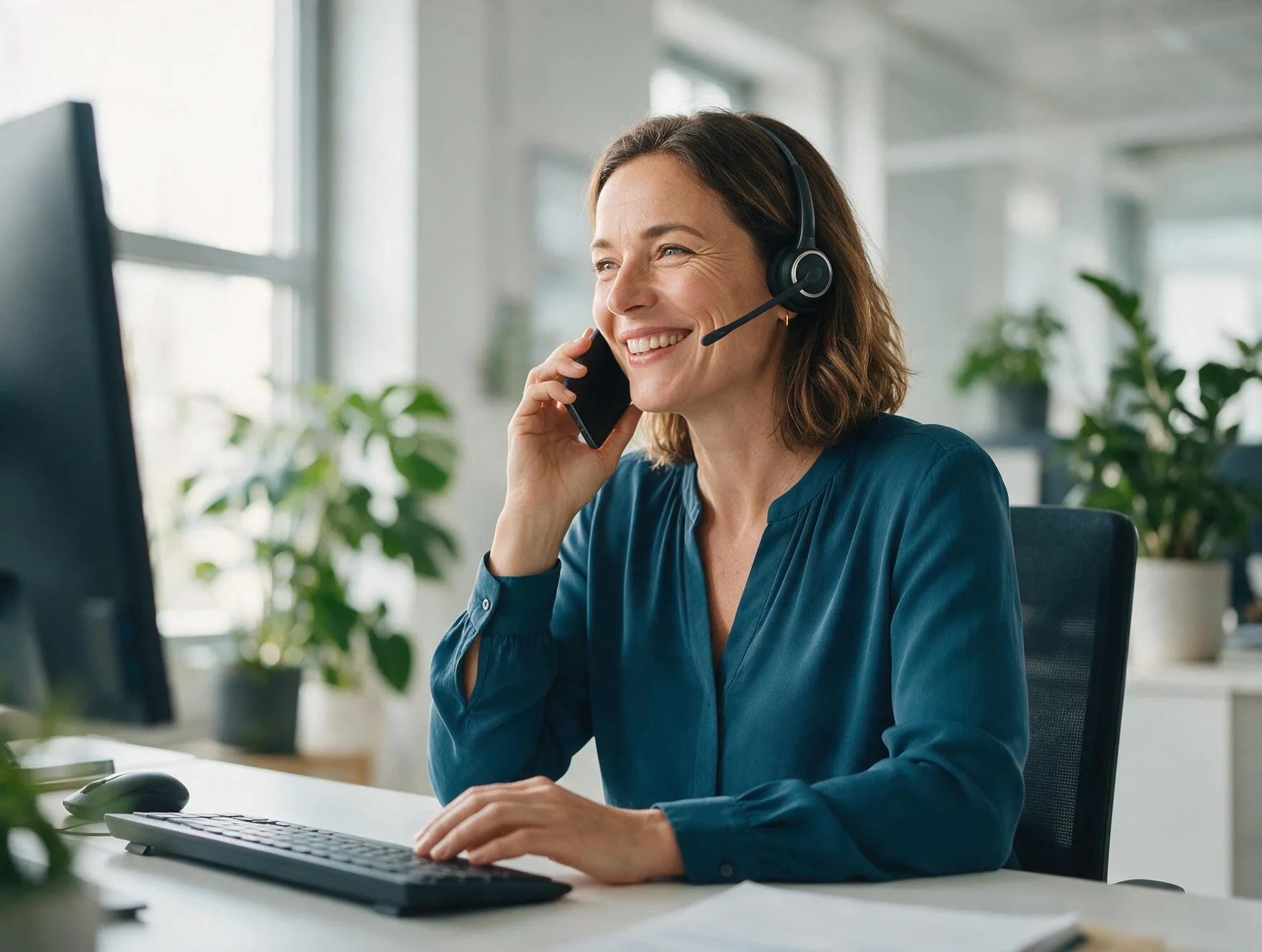 Kundenberaterin mit Headset am Arbeitsplatz