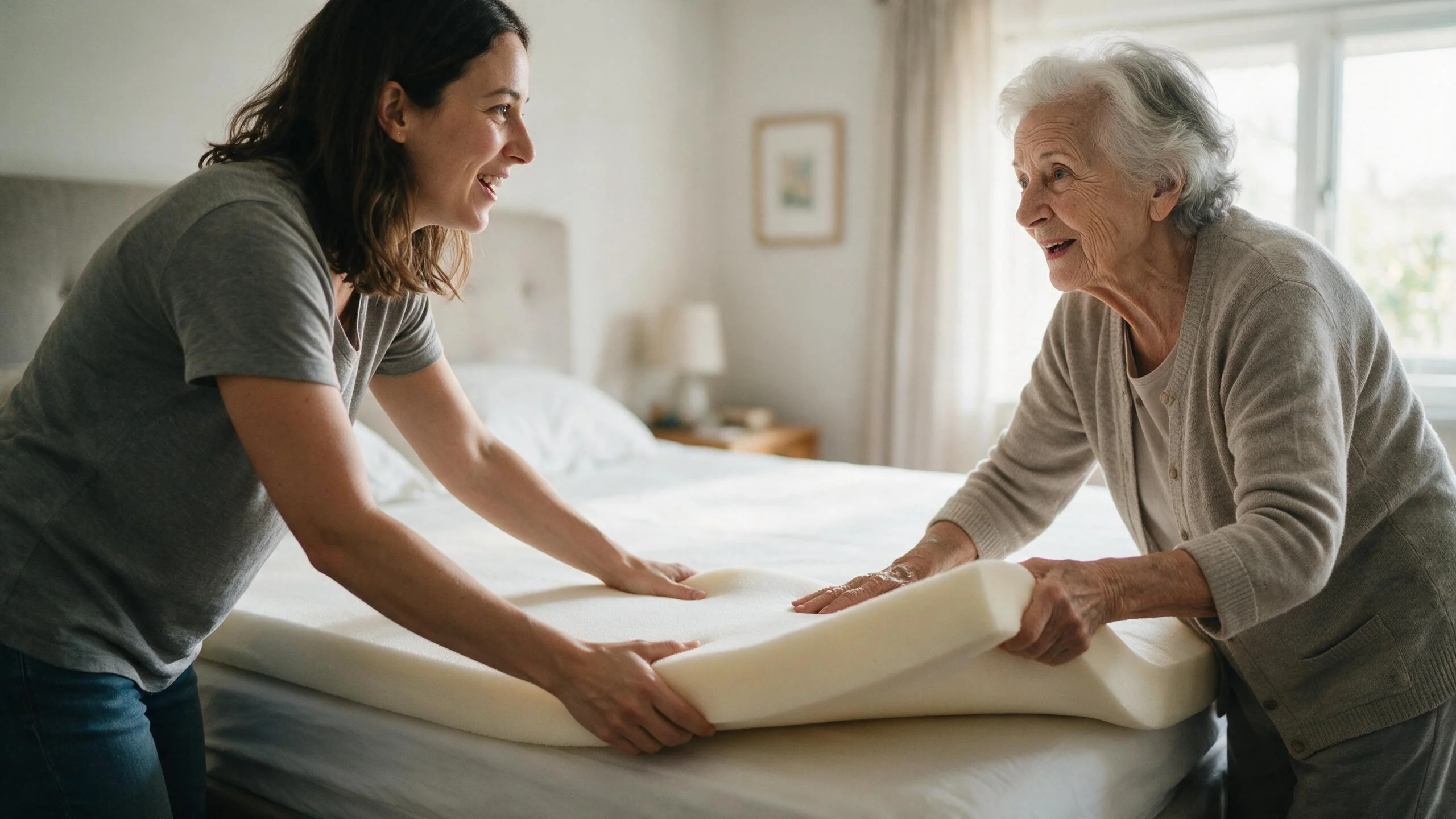 Erwachsene Tochter und ihre Mutter legen gemeinsam einen Topper auf das Bett