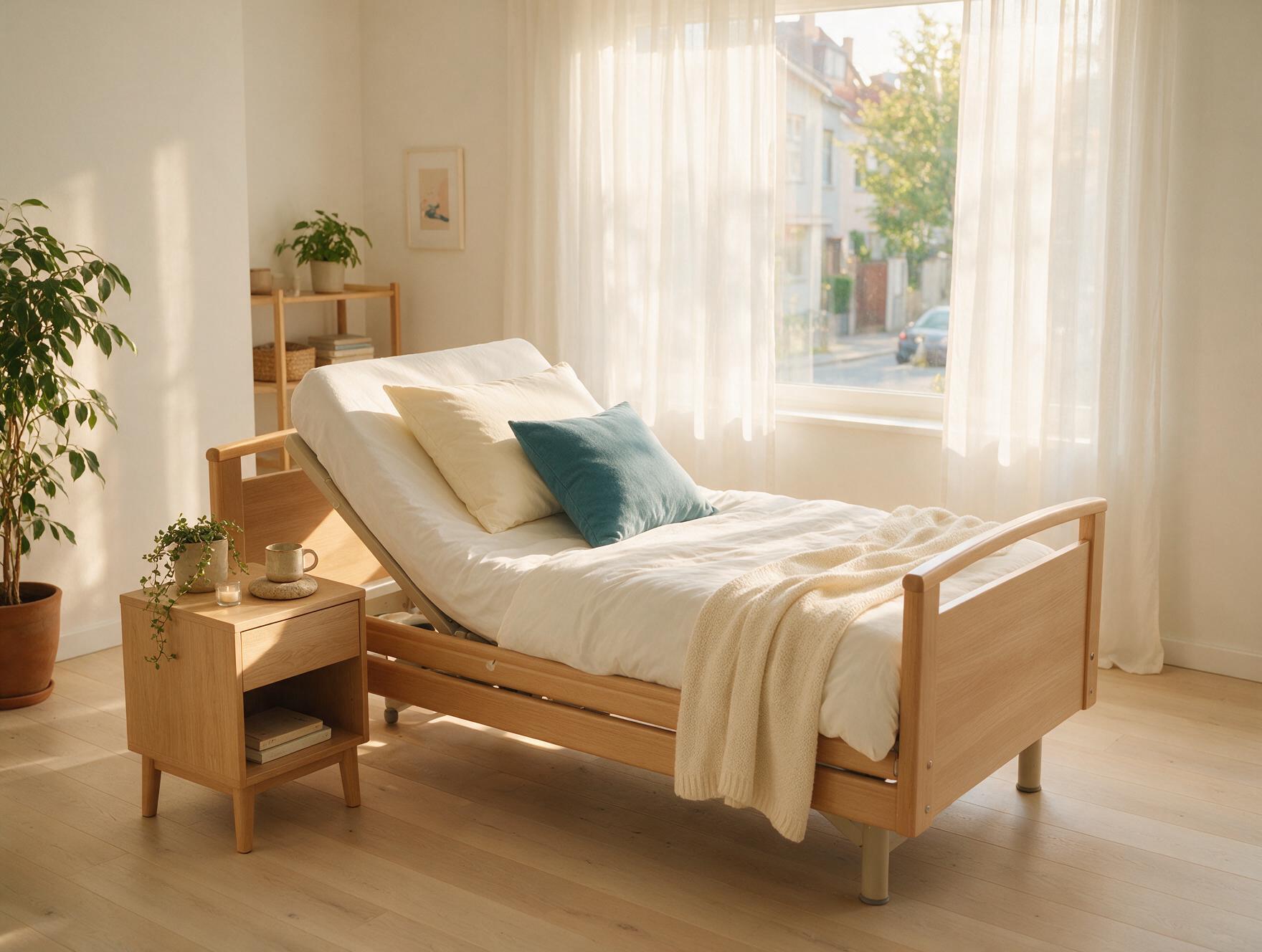Pflegebett mit heller Bettwäsche in einem freundlichen Schlafzimmer