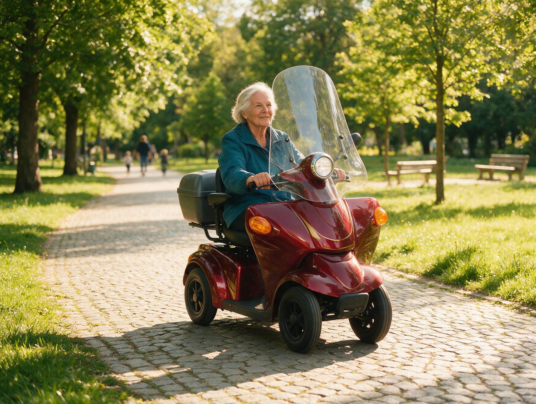 Seniorin fährt mit einem Elektromobil durch einen Park